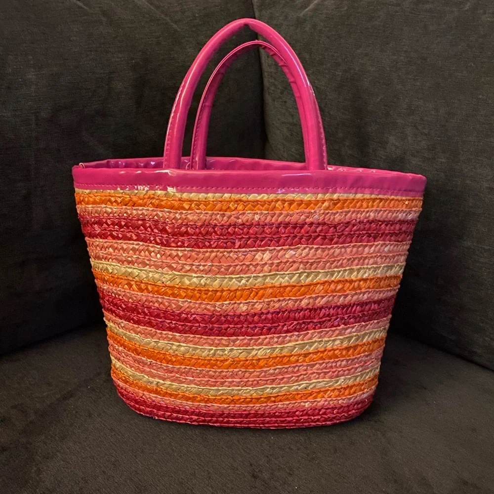Colorful Woven Beach Tote | Pink Orange Straw Summer Bag | Small Vacation Purse